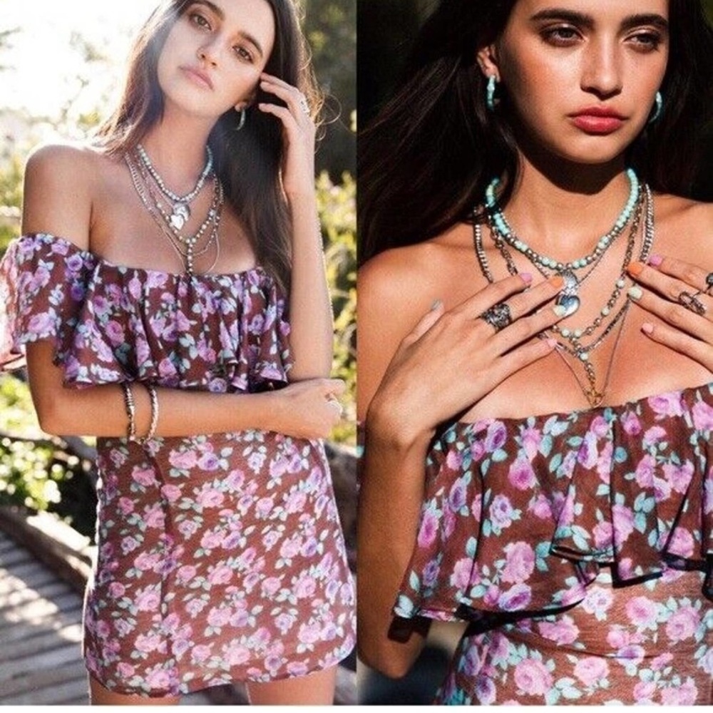 Vanessa Mooney The Joelyn Brown Mini Dress Floral Off The Shoulder Boho NWT!